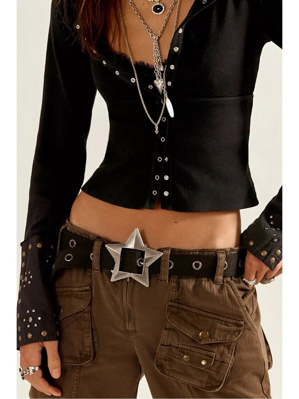 Free People Bohemian Grunge 90s Zoa Star Buckle Hip Belt Black Medium Large NWT